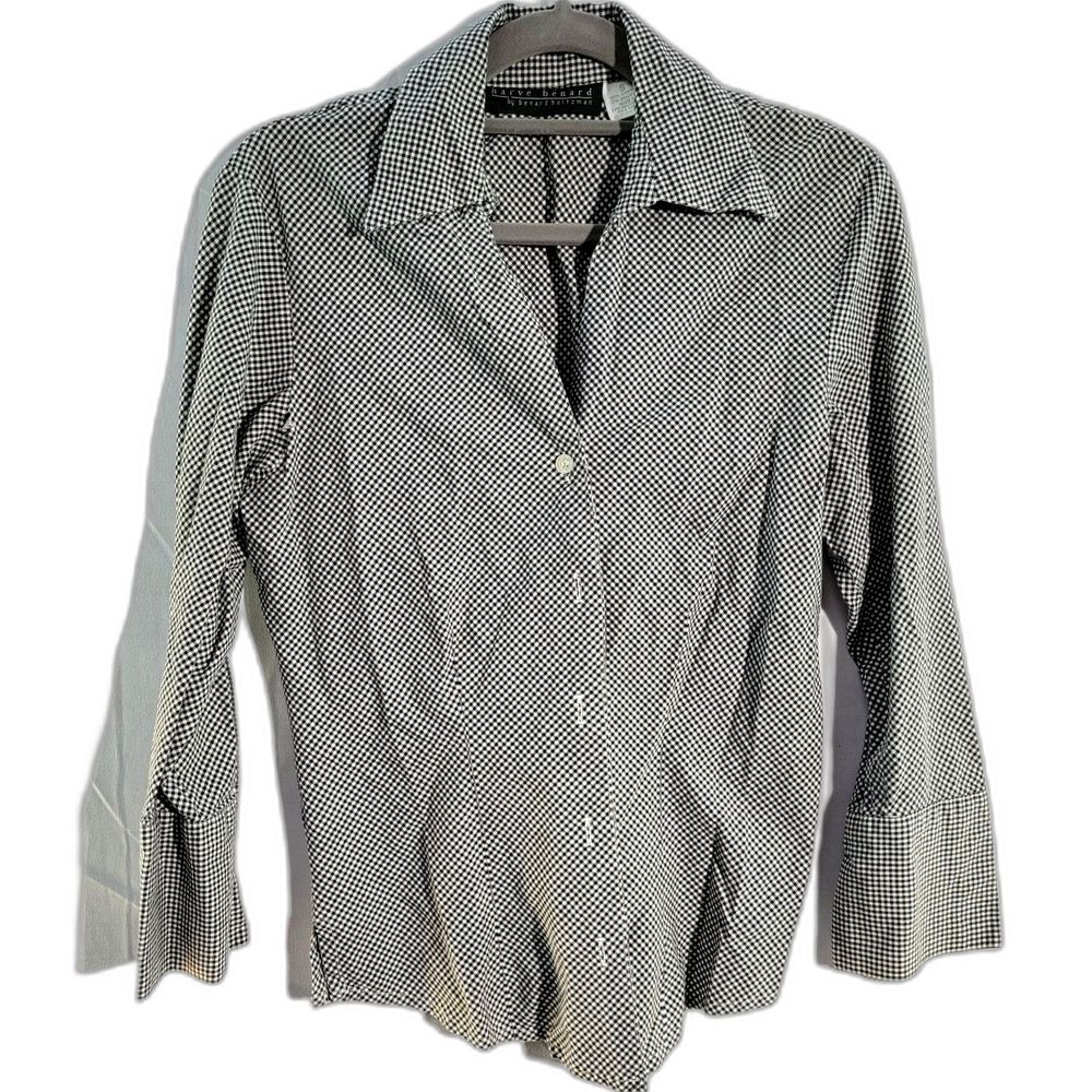 Harve Bernard Black/White Cotton Checkered V-Neck Longsleeve Blouse Women Small